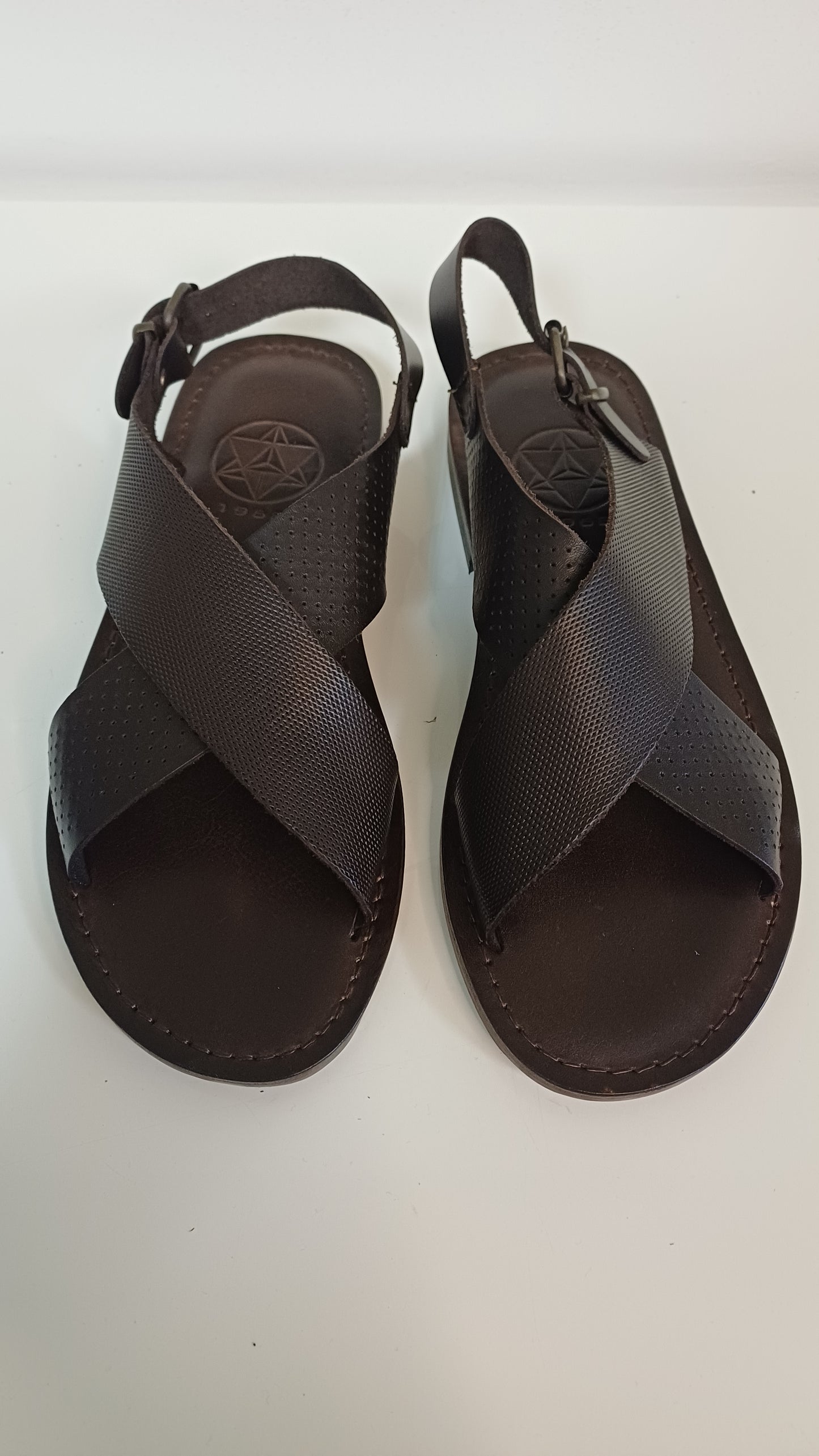 Sandali Uomo Doppia Fascia Vera Pelle marrone Suola Cuoio