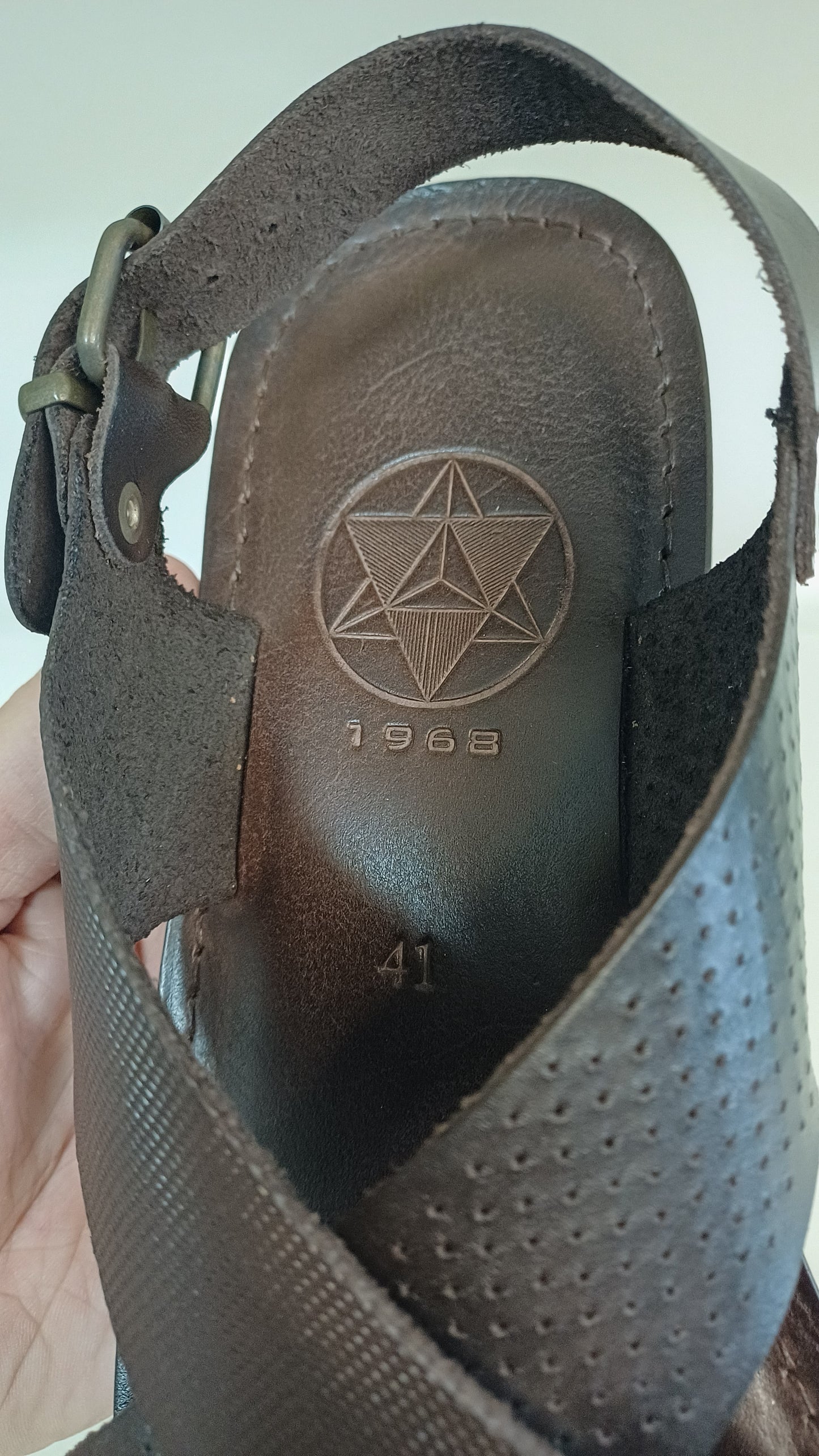 Sandali Uomo Doppia Fascia Vera Pelle marrone Suola Cuoio