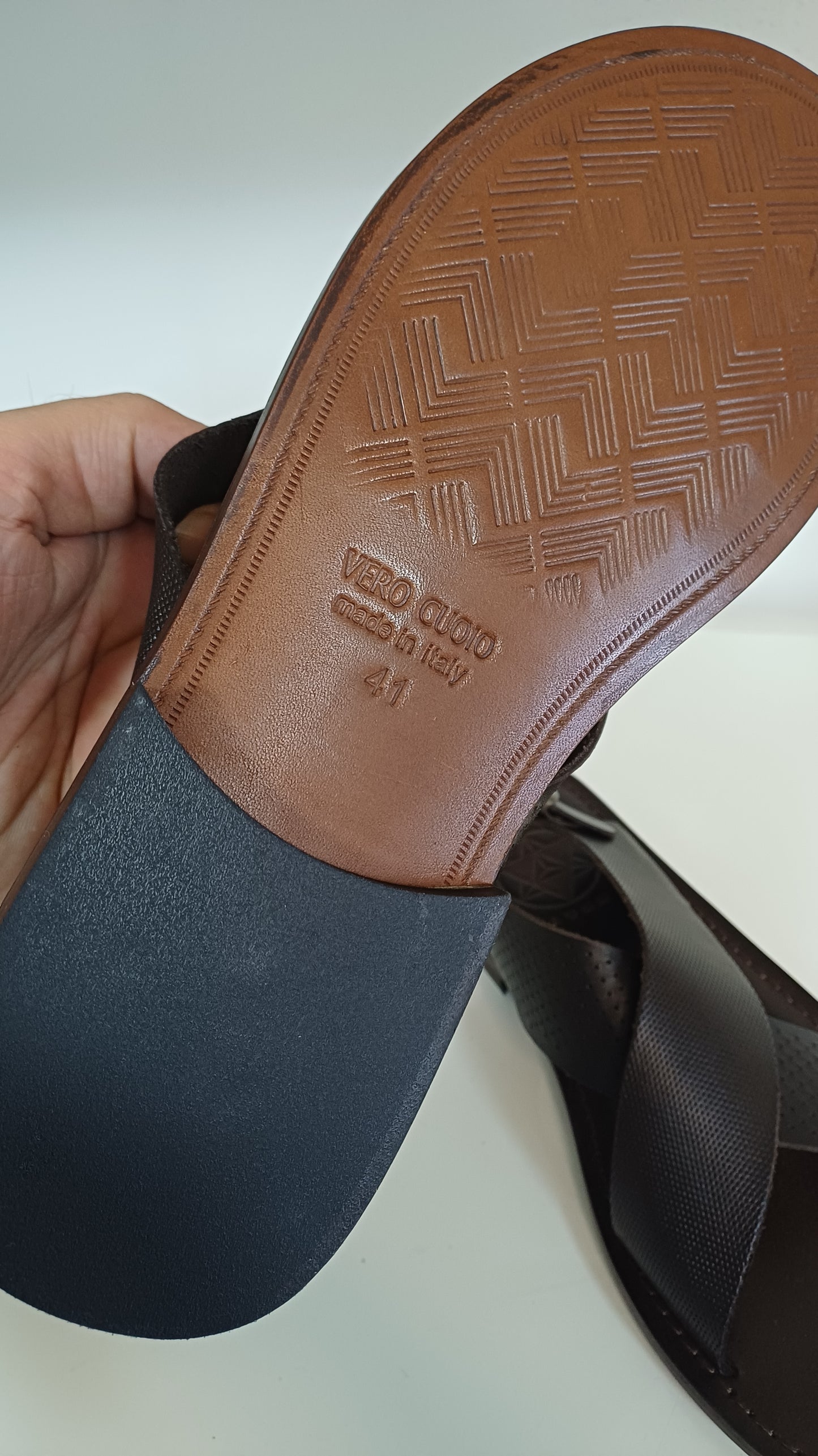 Sandali Uomo Doppia Fascia Vera Pelle marrone Suola Cuoio