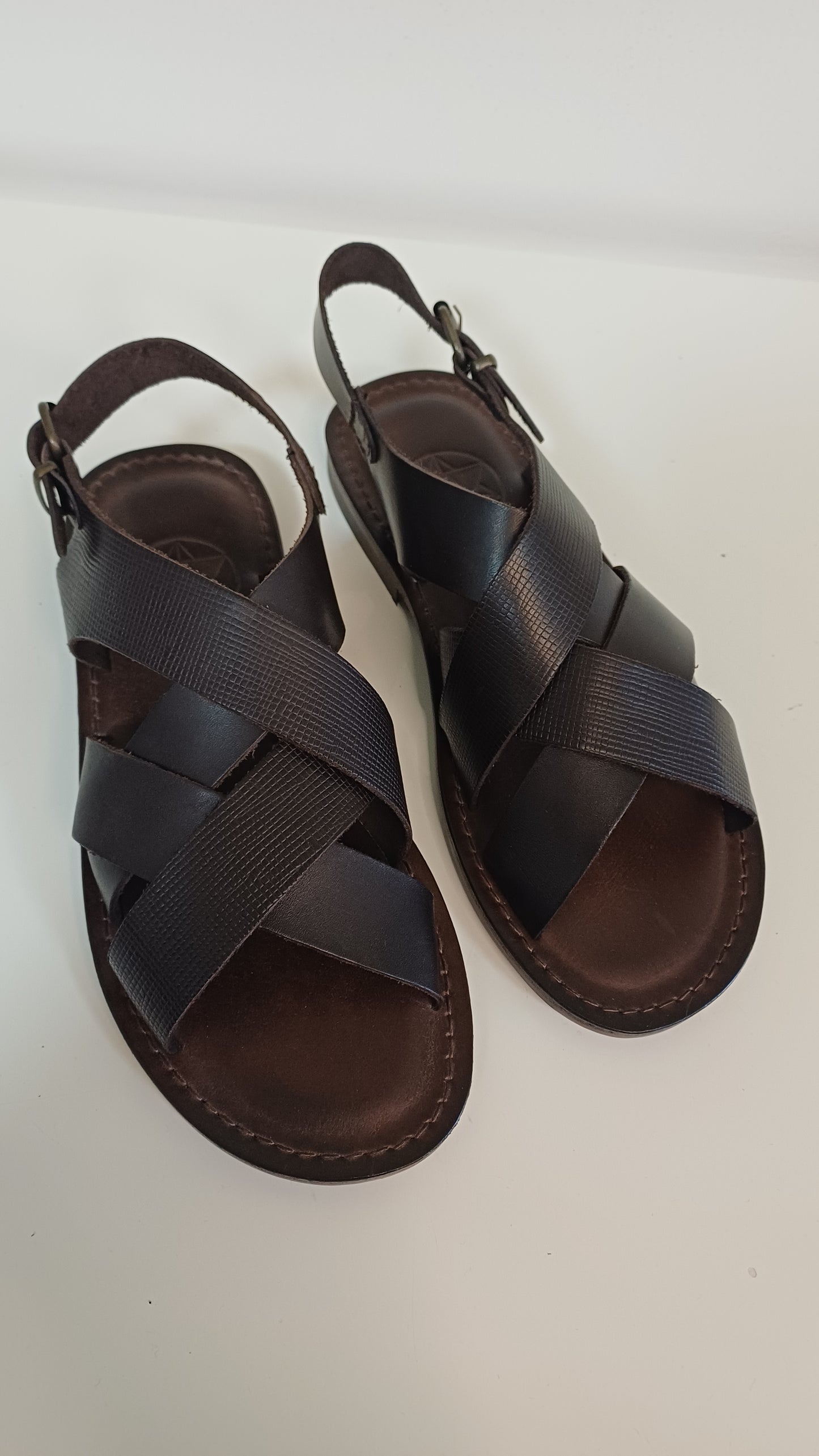 Sandali Treccia Uomo Vera Pelle Marrone Suola Cuoio