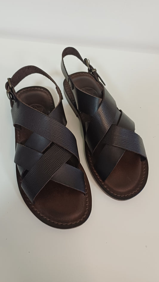 Sandali Treccia Uomo Vera Pelle Marrone Suola Cuoio