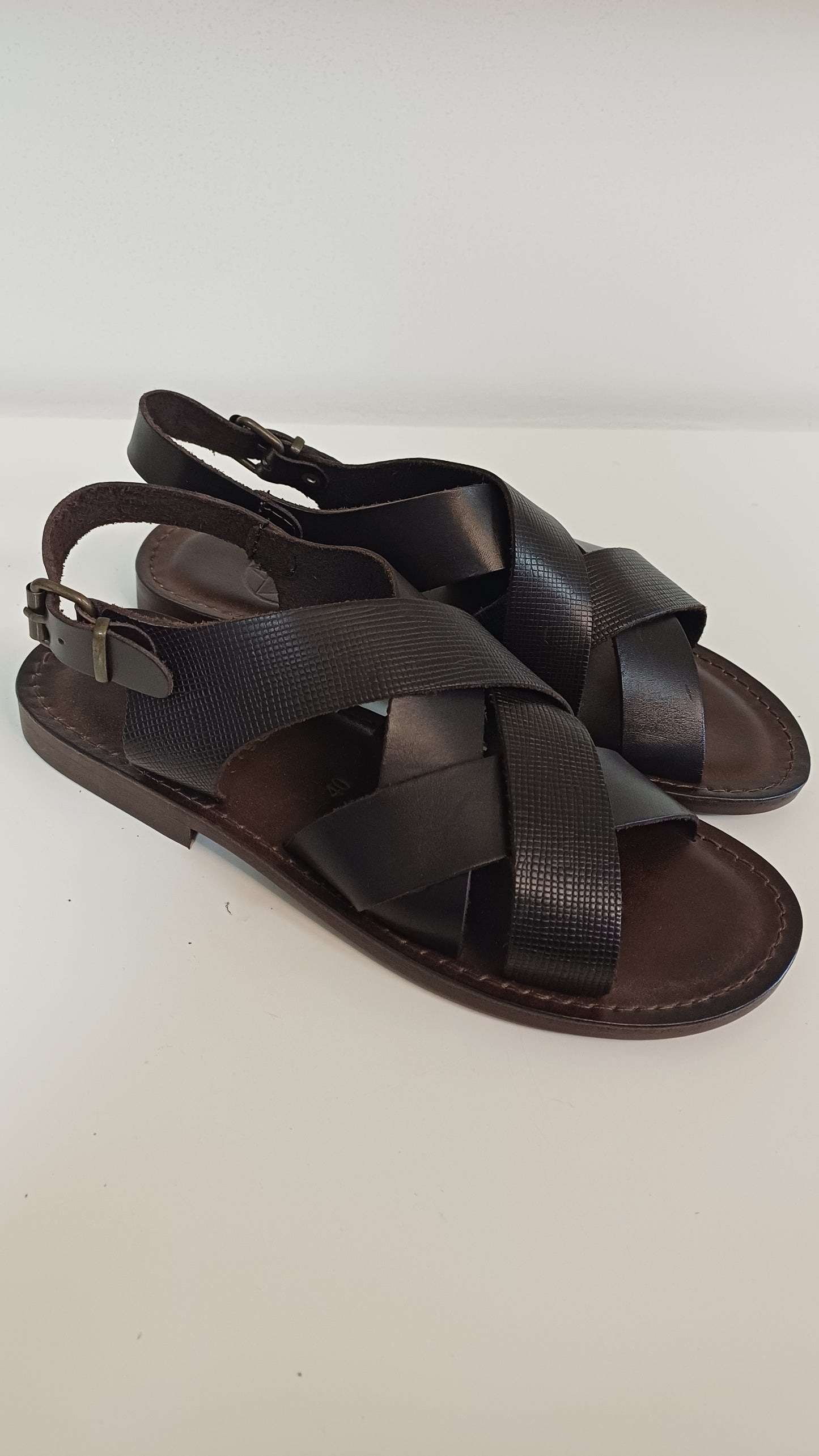Sandali Treccia Uomo Vera Pelle Marrone Suola Cuoio