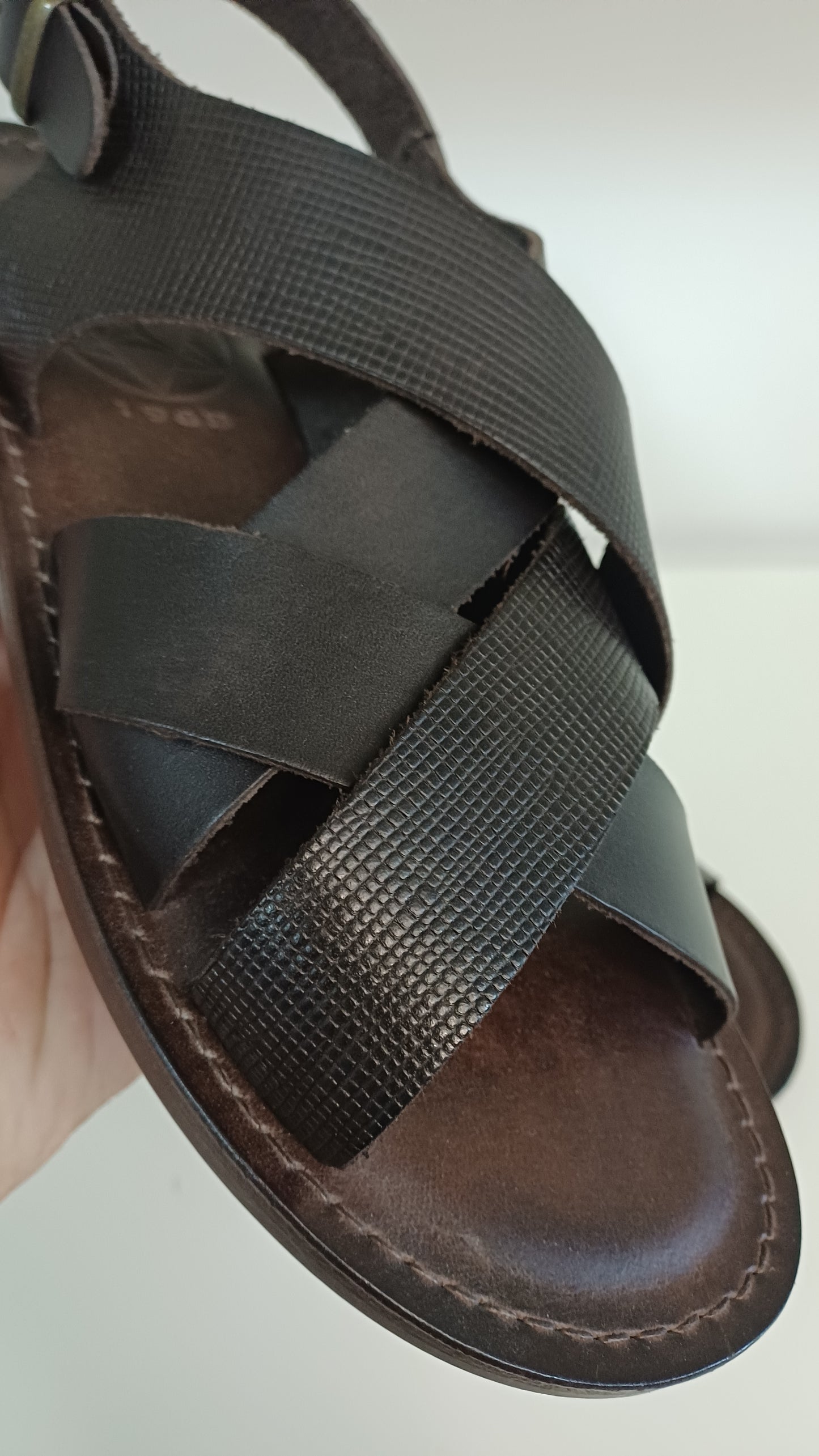 Sandali Treccia Uomo Vera Pelle Marrone Suola Cuoio