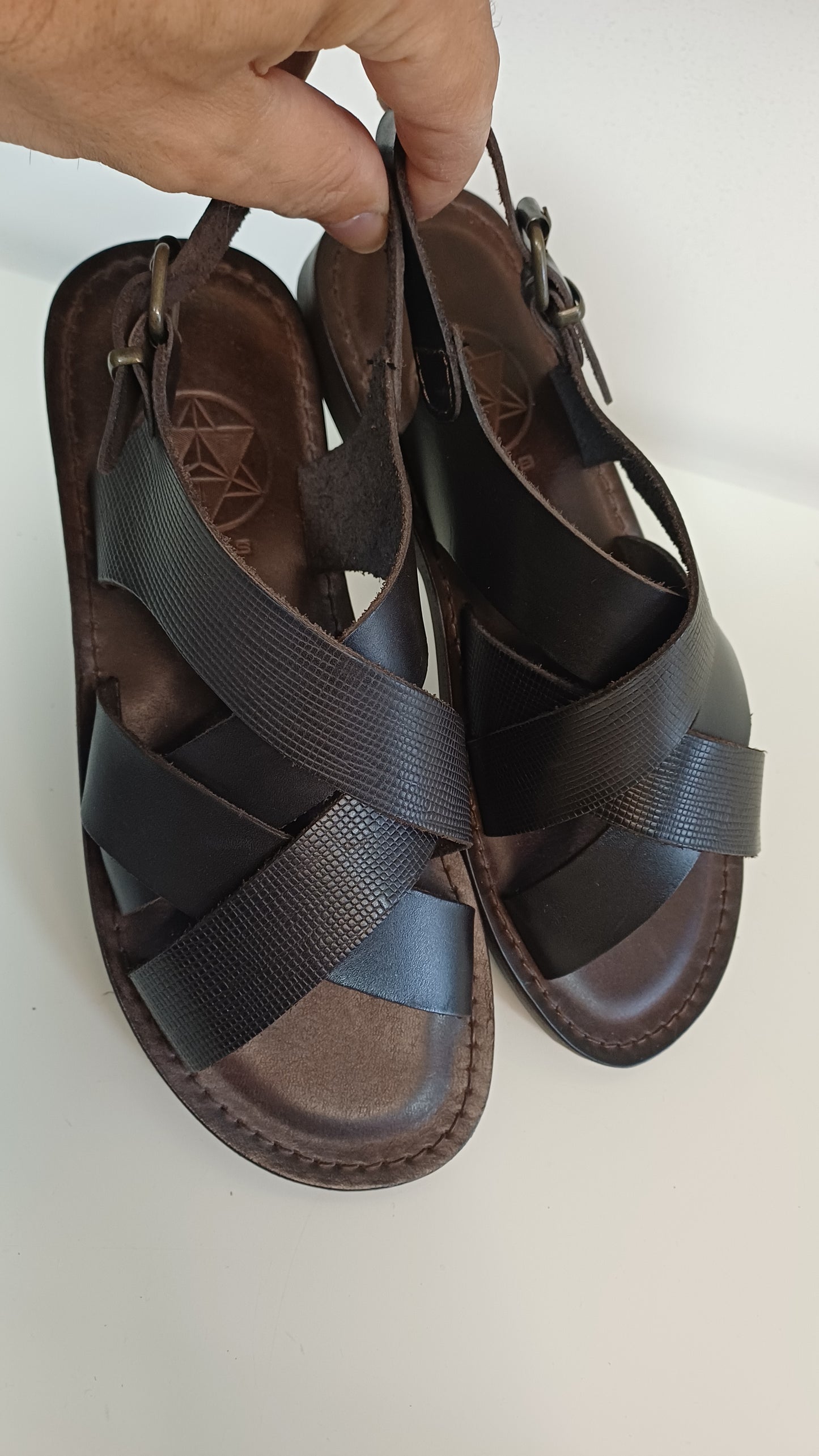 Sandali Treccia Uomo Vera Pelle Marrone Suola Cuoio